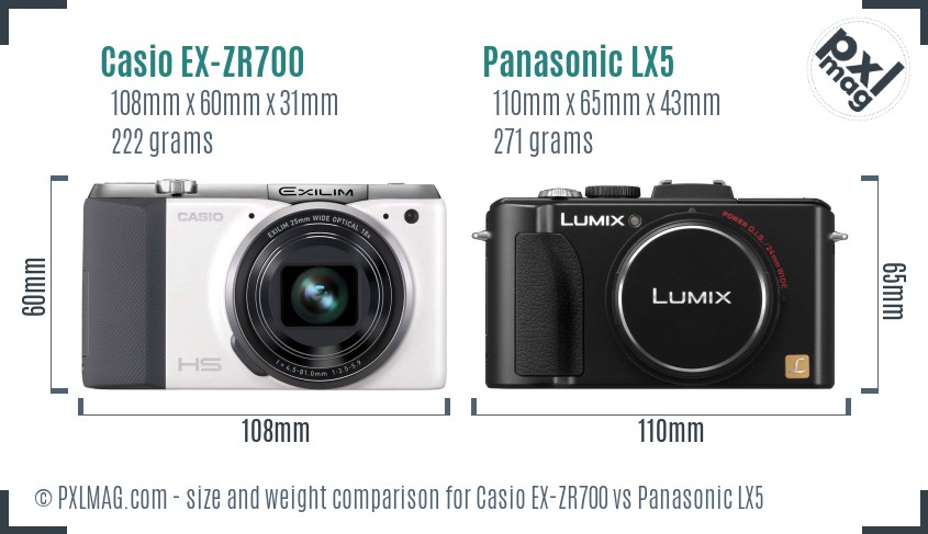 Casio EX-ZR700 vs Panasonic LX5 size comparison
