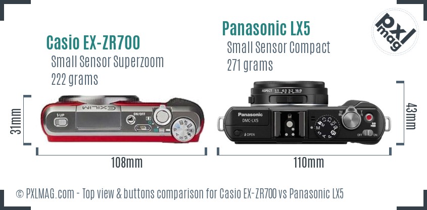 Casio EX-ZR700 vs Panasonic LX5 top view buttons comparison