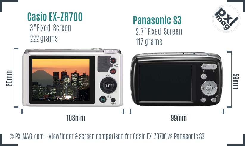Casio EX-ZR700 vs Panasonic S3 Screen and Viewfinder comparison
