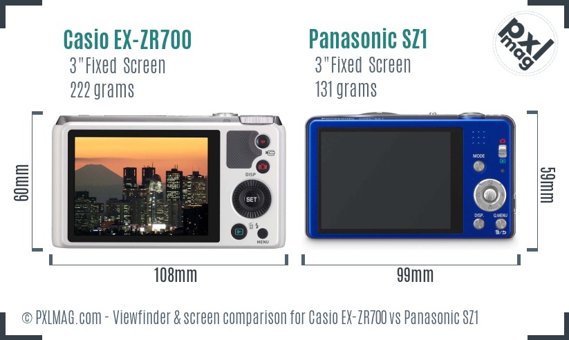 Casio EX-ZR700 vs Panasonic SZ1 Screen and Viewfinder comparison