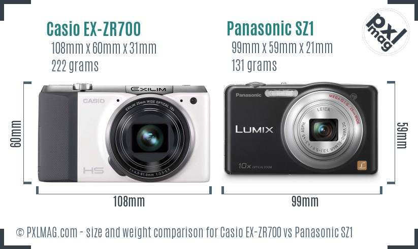 Casio EX-ZR700 vs Panasonic SZ1 size comparison