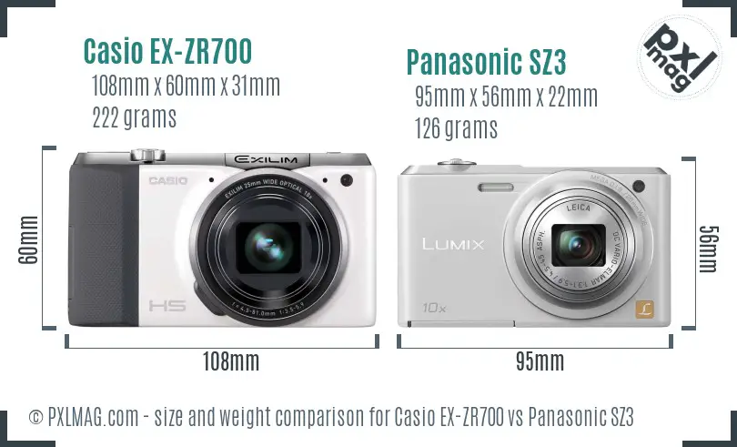 Casio EX-ZR700 vs Panasonic SZ3 size comparison