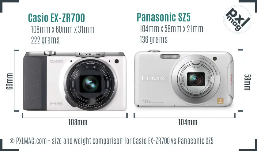 Casio EX-ZR700 vs Panasonic SZ5 size comparison