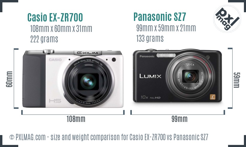 Casio EX-ZR700 vs Panasonic SZ7 size comparison