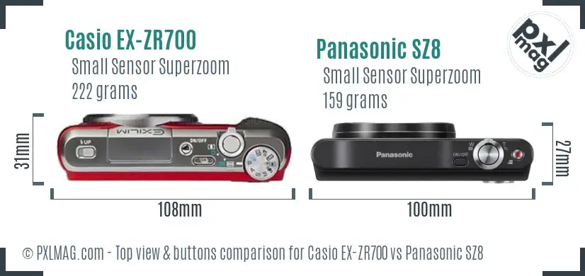 Casio EX-ZR700 vs Panasonic SZ8 top view buttons comparison Casio EX-ZR700 vs Panasonic SZ8 top view buttons comparison