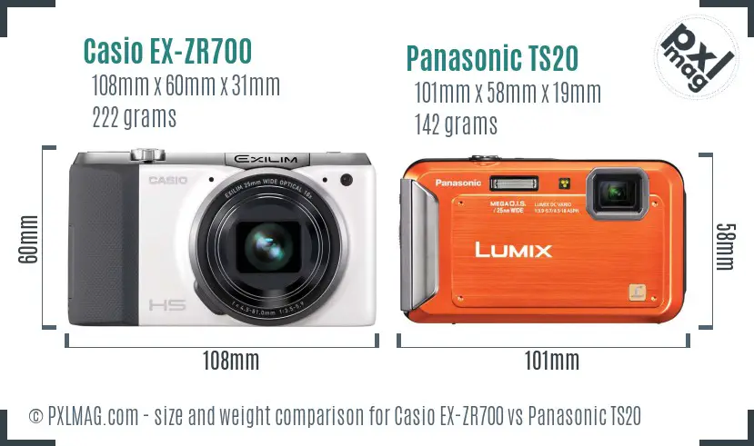 Casio EX-ZR700 vs Panasonic TS20 size comparison