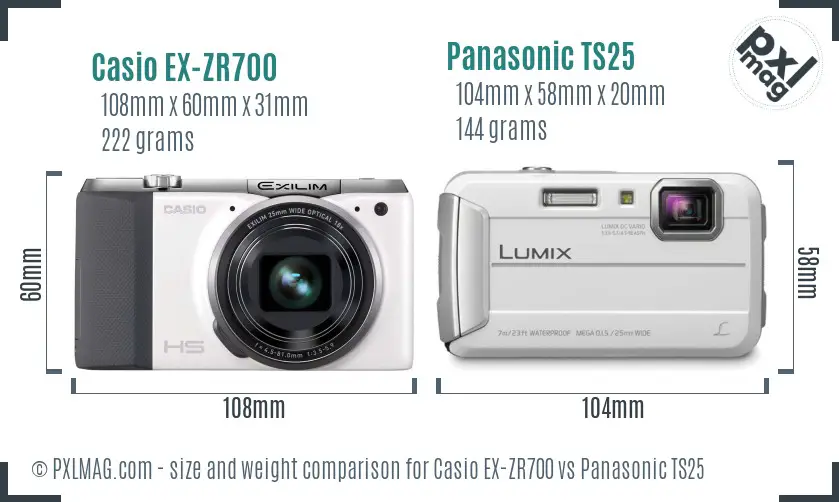 Casio EX-ZR700 vs Panasonic TS25 size comparison