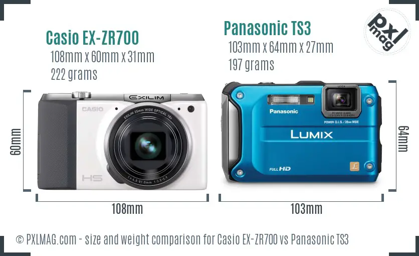 Casio EX-ZR700 vs Panasonic TS3 size comparison