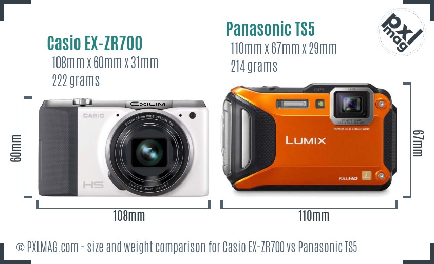 Casio EX-ZR700 vs Panasonic TS5 size comparison