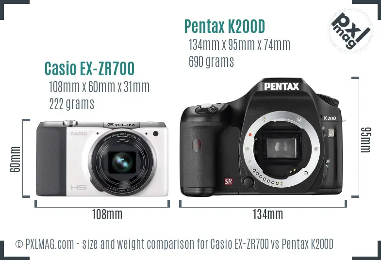 Casio EX-ZR700 vs Pentax K200D size comparison