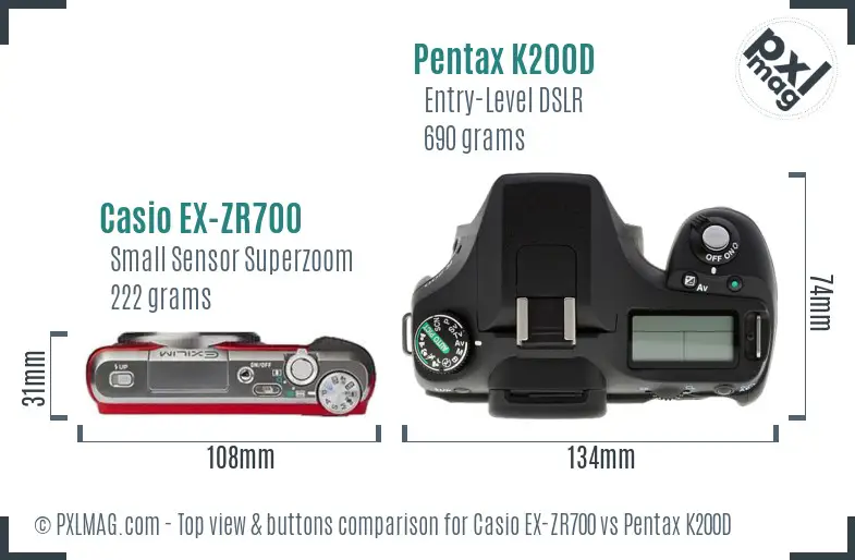 Casio EX-ZR700 vs Pentax K200D top view buttons comparison