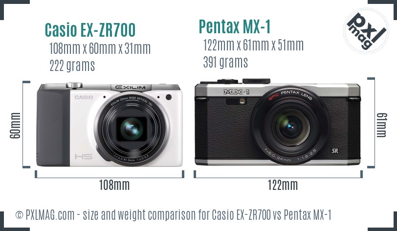 Casio EX-ZR700 vs Pentax MX-1 size comparison