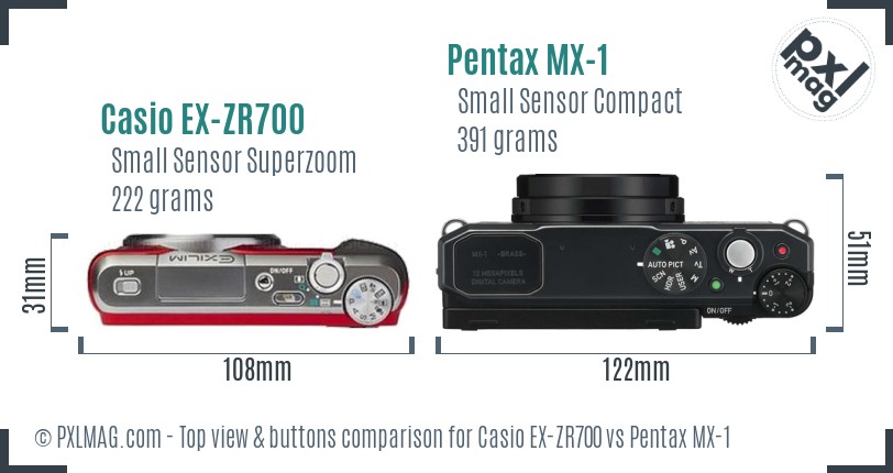 Casio EX-ZR700 vs Pentax MX-1 top view buttons comparison