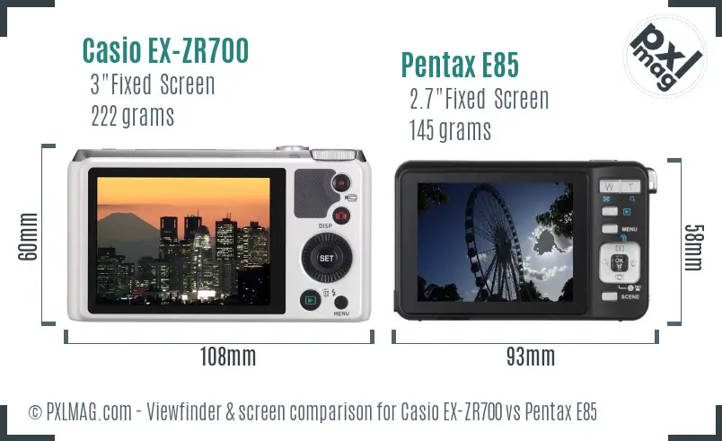 Casio EX-ZR700 vs Pentax E85 Screen and Viewfinder comparison Casio EX-ZR700 vs Pentax E85 Screen and Viewfinder comparison