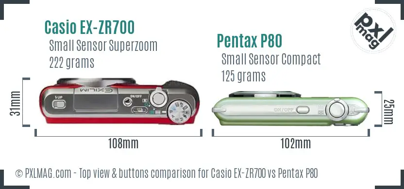 Casio EX-ZR700 vs Pentax P80 top view buttons comparison