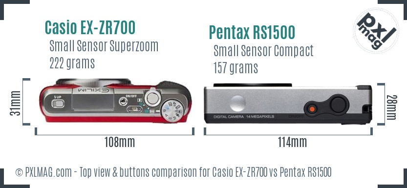 Casio EX-ZR700 vs Pentax RS1500 top view buttons comparison