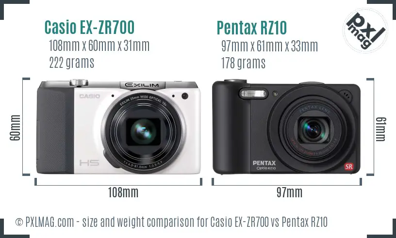 Casio EX-ZR700 vs Pentax RZ10 size comparison