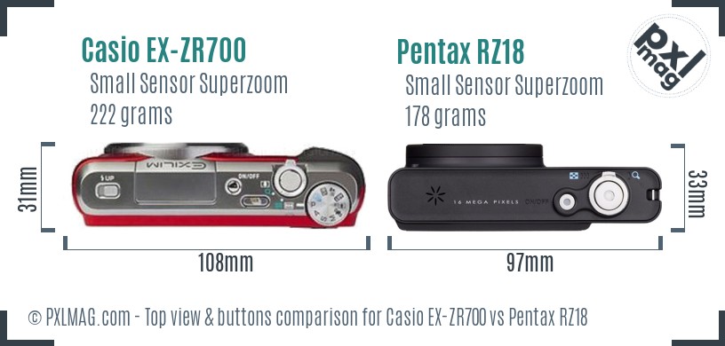 Casio EX-ZR700 vs Pentax RZ18 top view buttons comparison
