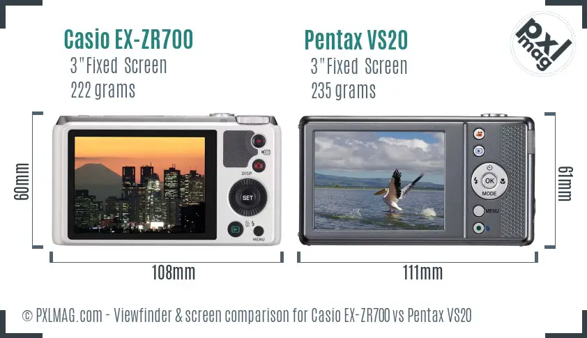 Casio EX-ZR700 vs Pentax VS20 Screen and Viewfinder comparison