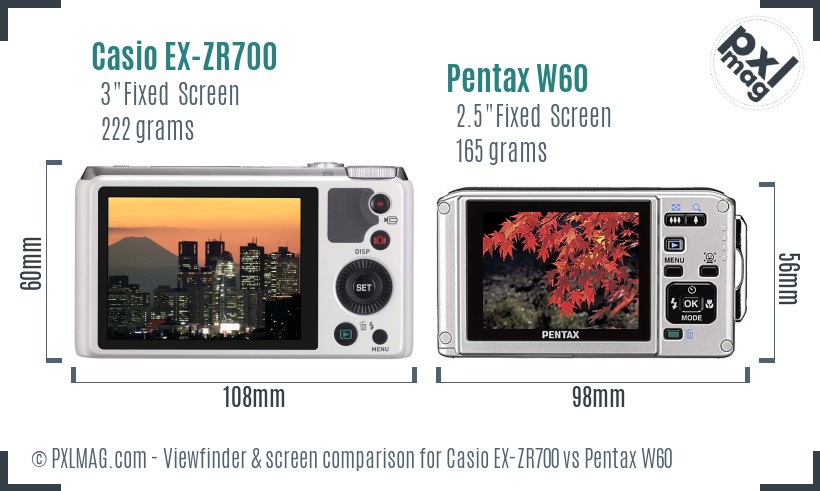 Casio EX-ZR700 vs Pentax W60 Screen and Viewfinder comparison