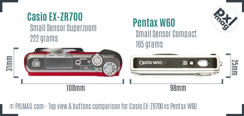 Casio EX-ZR700 vs Pentax W60 top view buttons comparison