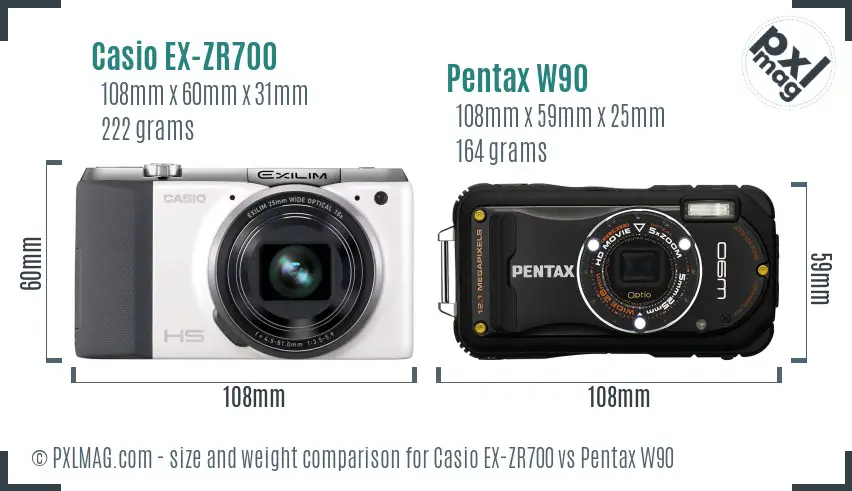 Casio EX-ZR700 vs Pentax W90 size comparison