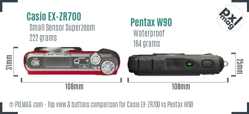 Casio EX-ZR700 vs Pentax W90 top view buttons comparison