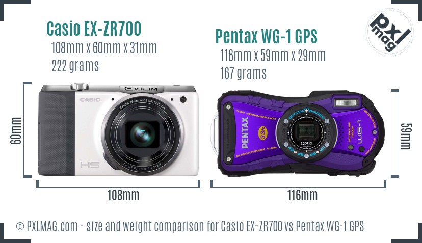Casio EX-ZR700 vs Pentax WG-1 GPS size comparison Casio EX-ZR700 vs Pentax WG-1 GPS size comparison