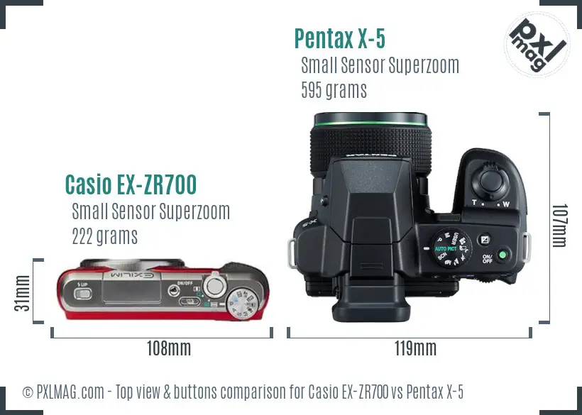 Casio EX-ZR700 vs Pentax X-5 top view buttons comparison Casio EX-ZR700 vs Pentax X-5 top view buttons comparison