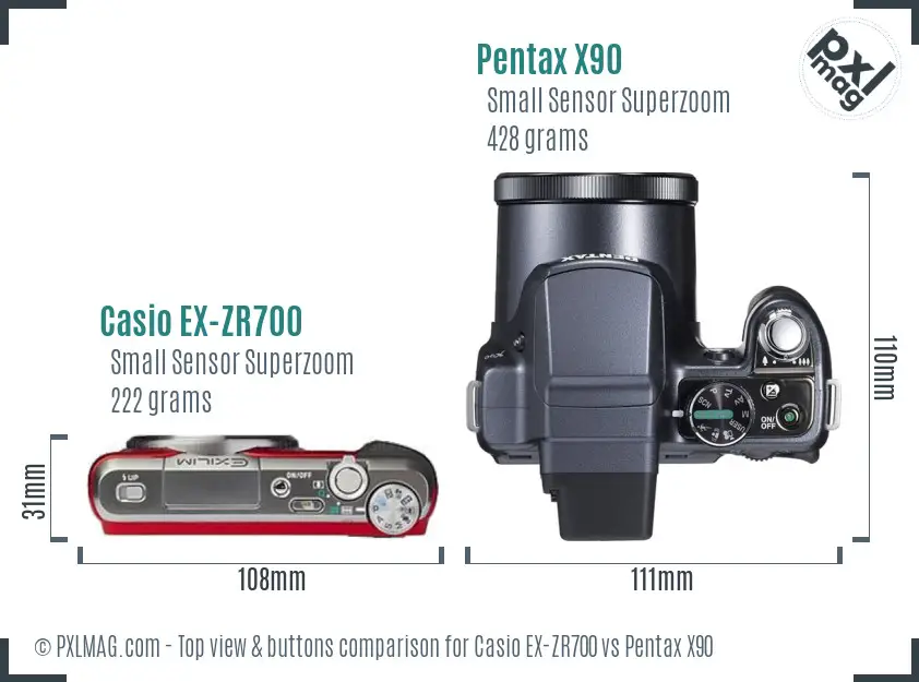 Casio EX-ZR700 vs Pentax X90 top view buttons comparison