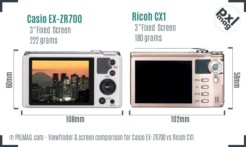 Casio EX-ZR700 vs Ricoh CX1 Screen and Viewfinder comparison
