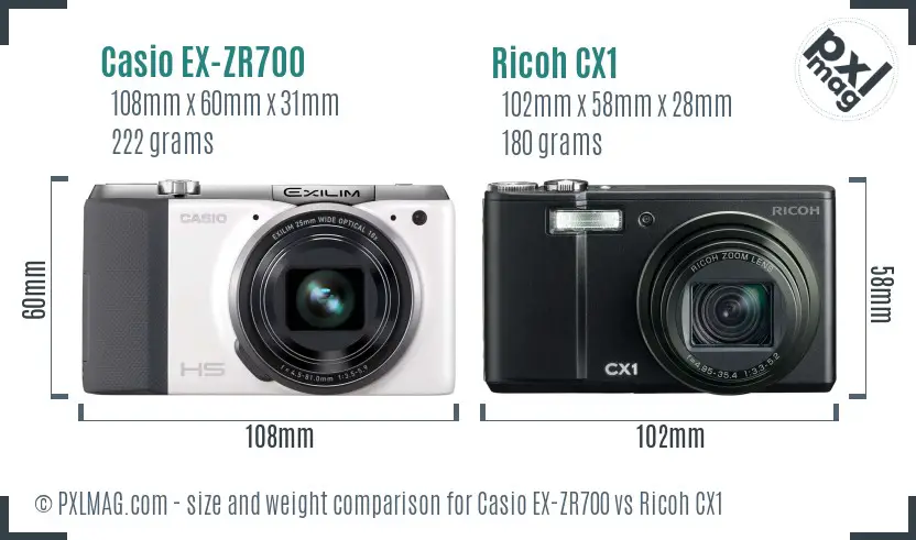 Casio EX-ZR700 vs Ricoh CX1 size comparison