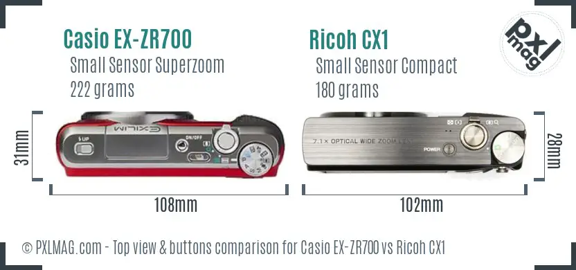 Casio EX-ZR700 vs Ricoh CX1 top view buttons comparison