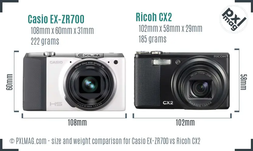 Casio EX-ZR700 vs Ricoh CX2 size comparison Casio EX-ZR700 vs Ricoh CX2 size comparison