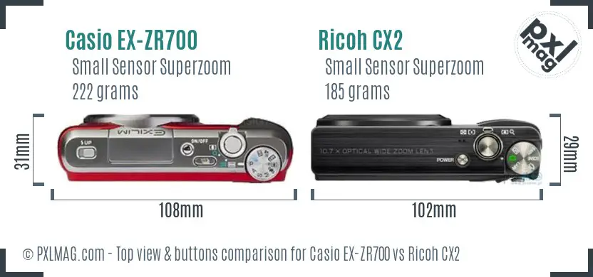 Casio EX-ZR700 vs Ricoh CX2 top view buttons comparison Casio EX-ZR700 vs Ricoh CX2 top view buttons comparison