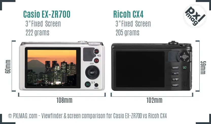 Casio EX-ZR700 vs Ricoh CX4 Screen and Viewfinder comparison