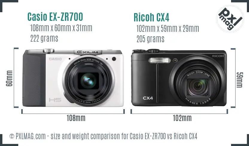Casio EX-ZR700 vs Ricoh CX4 size comparison