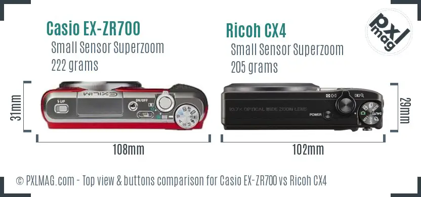 Casio EX-ZR700 vs Ricoh CX4 top view buttons comparison