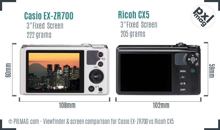 Casio EX-ZR700 vs Ricoh CX5 Screen and Viewfinder comparison
