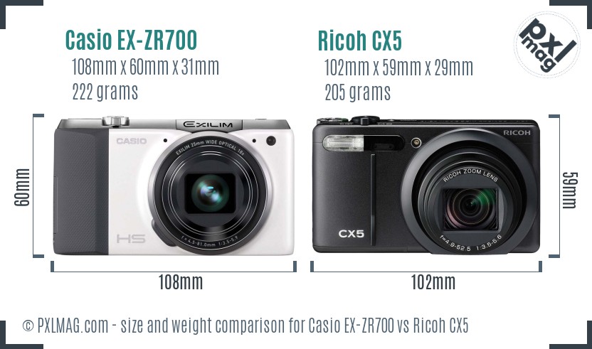 Casio EX-ZR700 vs Ricoh CX5 size comparison