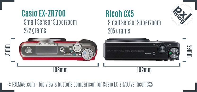 Casio EX-ZR700 vs Ricoh CX5 top view buttons comparison