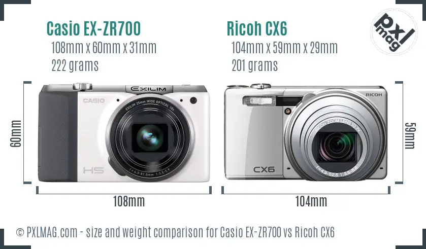 Casio EX-ZR700 vs Ricoh CX6 size comparison
