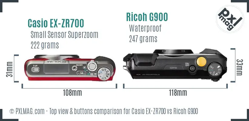 Casio EX-ZR700 vs Ricoh G900 top view buttons comparison