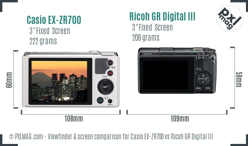 Casio EX-ZR700 vs Ricoh GR Digital III Screen and Viewfinder comparison