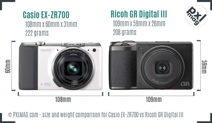 Casio EX-ZR700 vs Ricoh GR Digital III size comparison