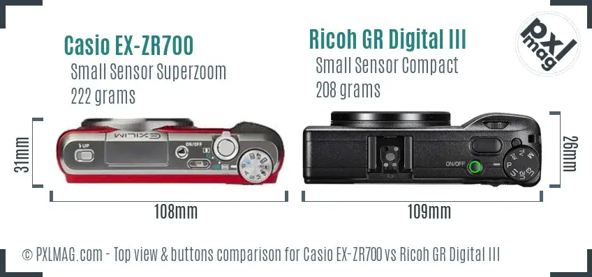 Casio EX-ZR700 vs Ricoh GR Digital III top view buttons comparison