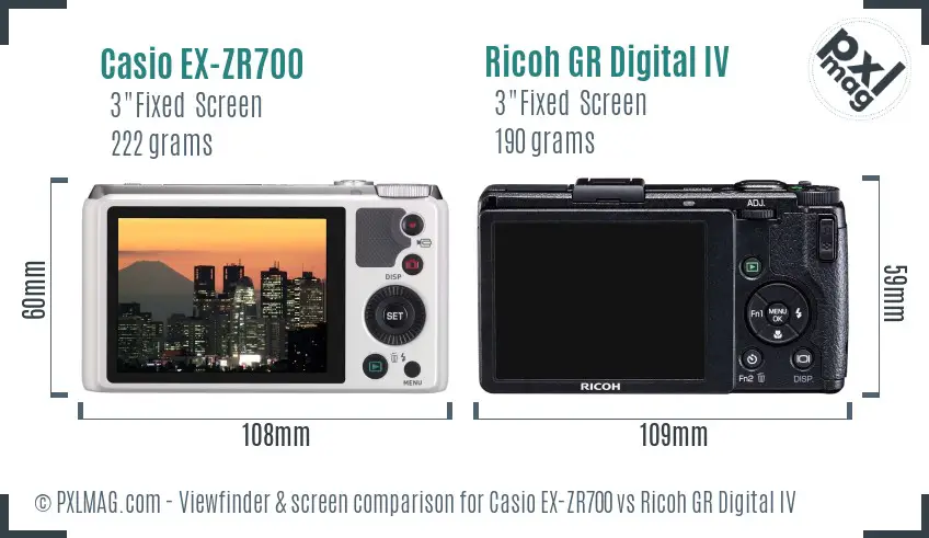 Casio EX-ZR700 vs Ricoh GR Digital IV Screen and Viewfinder comparison