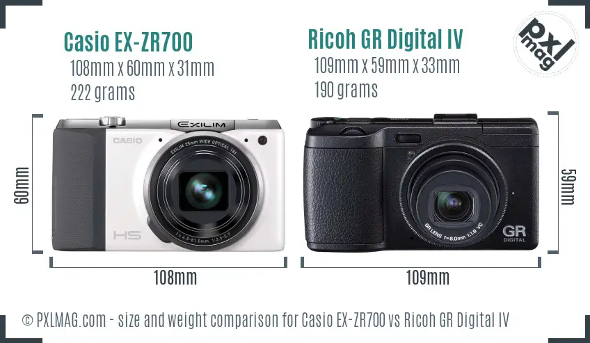 Casio EX-ZR700 vs Ricoh GR Digital IV size comparison