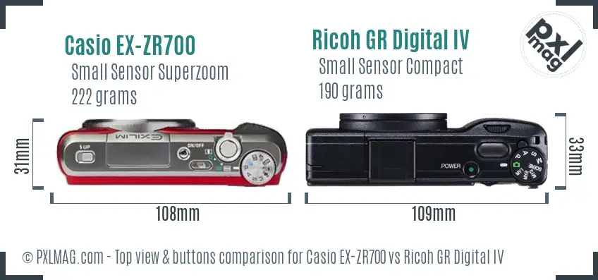 Casio EX-ZR700 vs Ricoh GR Digital IV top view buttons comparison