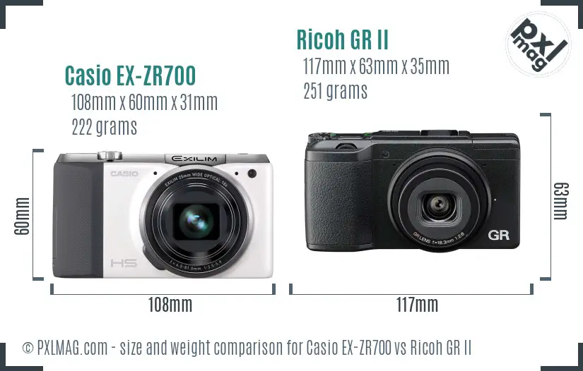 Casio EX-ZR700 vs Ricoh GR II size comparison